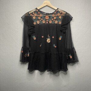 Zara Tulle Blouse With Embroidery And Frills Black Womens Size S